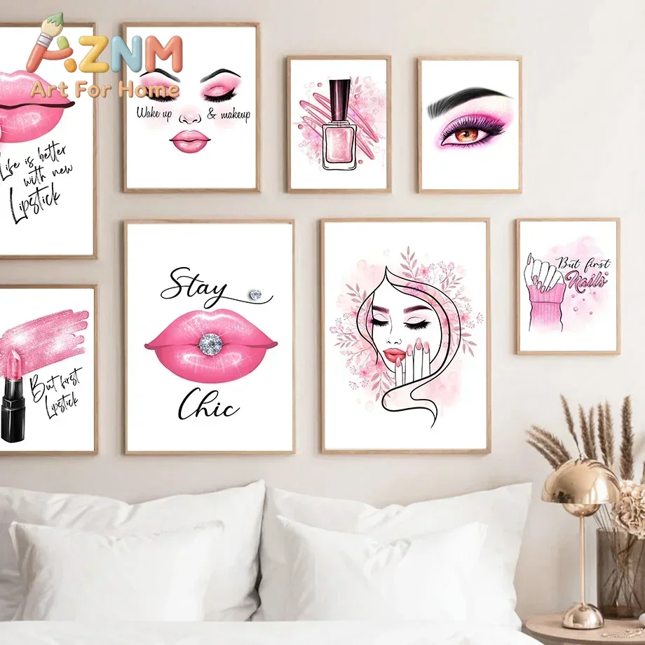 Nail Art Pink - AZNM Frameloze canvas wanddecoratie roze make-up